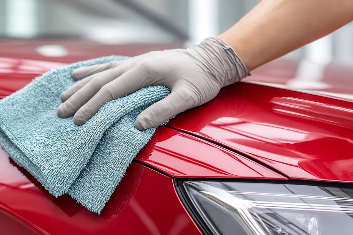 A gloved hand wiping the glossy red hood of a car with a light-blue microfiber cloth, next to the headlight.