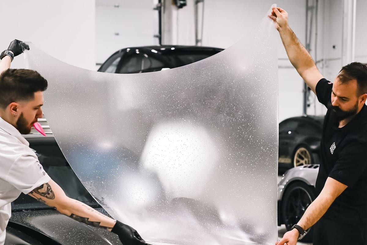 Two installers holding up a large sheet of clear paint protection film over the hood of a grey sports car in a detailing studio.