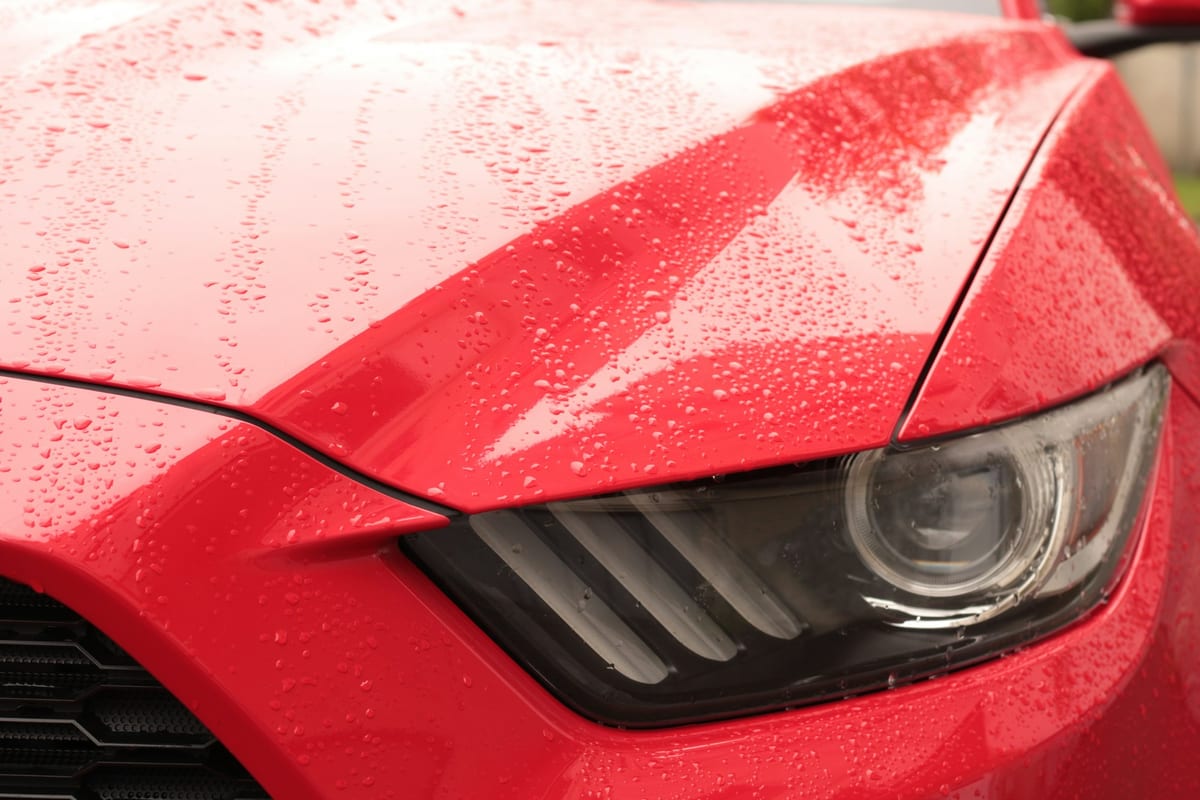 Close-up of a rain-beaded, glossy red car hood and headlight, showing the deep, unmarked shine PPF is meant to preserve underneath.